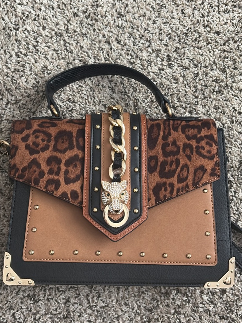 Leopard Accent Tan & Black Top-Handle Satchel